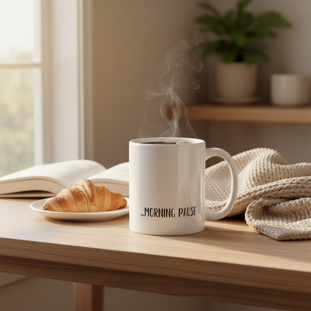 Morning Pause™ Ceramic Mug in serene morning setting